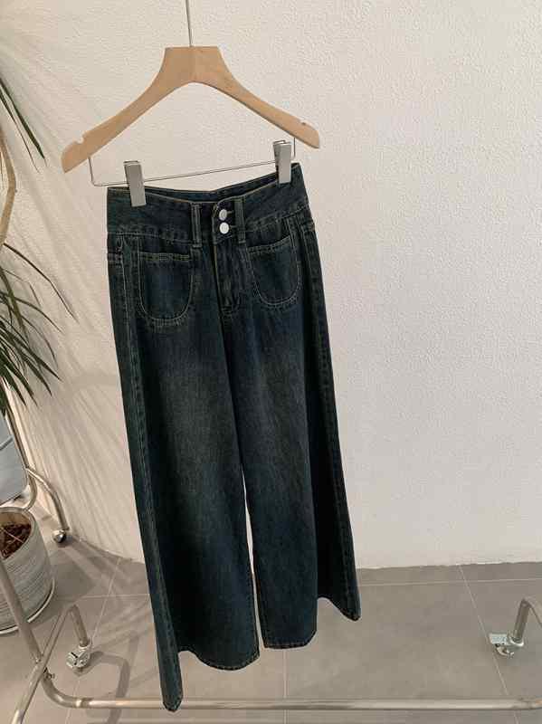 デニム レディース 深みブルー ワイドパンツ ハイウエスト ジーンズ ジーパン ストレートパンツ カジュアル ゆったり リラックス 韓国風