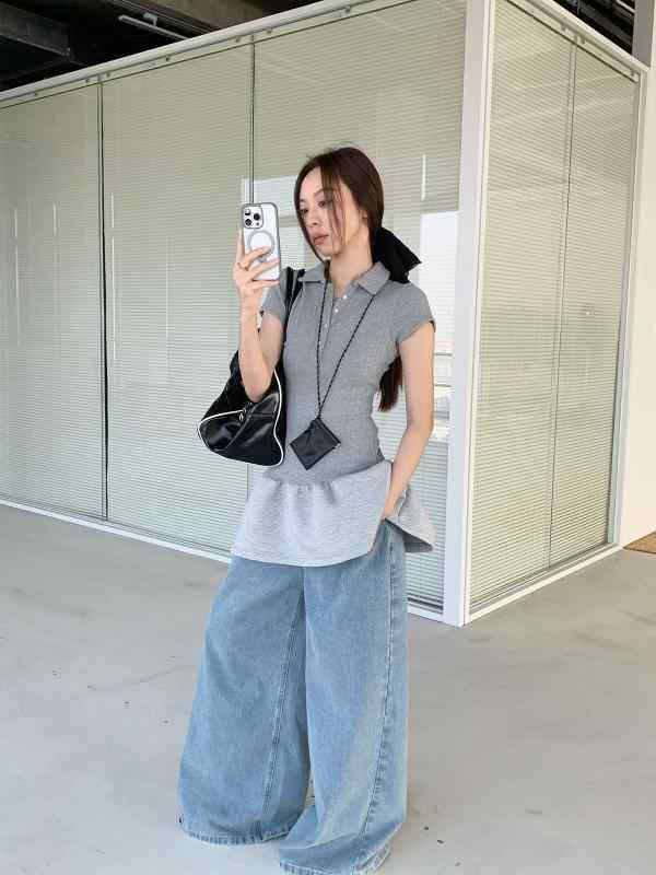 デニムパンツ 女性用 春夏 韓国風 復古 水洗い 低腰 ワイドレッグ ロング丈 ゆったり コットン ポリエステル ライトブルー ポケット付き タイダイ加工 日韓カジュアル 普段使い 軽量 通勤対応