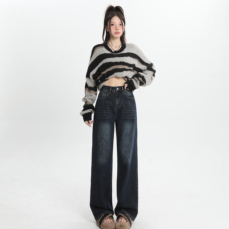レディース デニムパンツ ワイドレッグ ハイウエスト 直筒 長ズボン 秋冬 ミッドウェイト 綿素材 中間伸縮性 ビンテージ ガールズスタイル ライトブルー グレー ブラックグレー グリーン 普段使い 通勤用 ゆったりシルエット カジュアル 吸湿性 快適