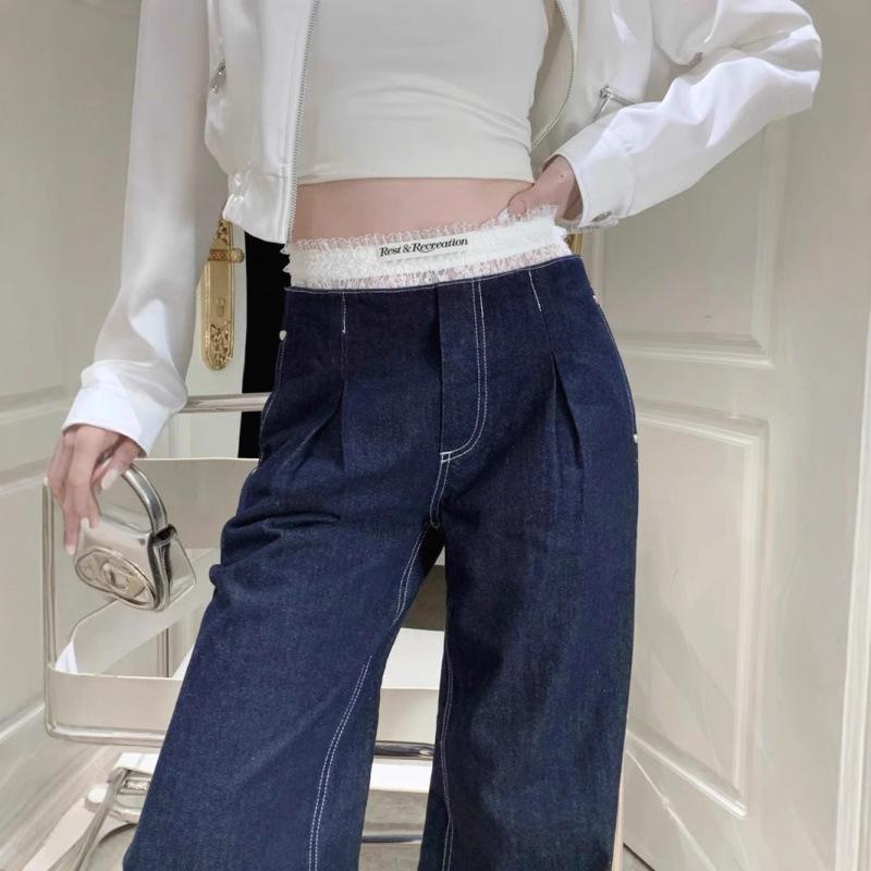レディース 牛仔パンツ デニム 長ズボン ハイウエスト ワイドレッグ 膝下丈 黒 ネイビー レース 切り替え ストレッチ 軽量 韓国風 カジュアル 普段使い 春夏 個性派 ストリート ファッション トップス ボトムス