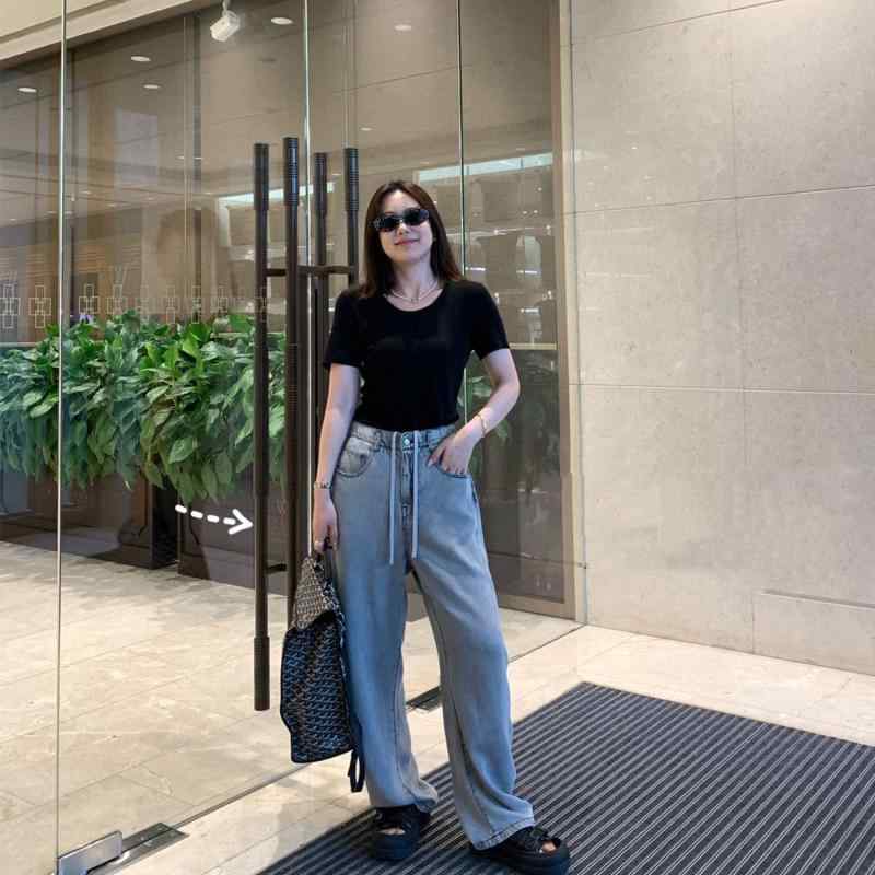 デニム レディース ジーンズ ジーパン パンツ ズボン ボトムス ストレート ワイド レッグ ウエストゴム 紐 調整可能 カジュアル ゆったり リラックス リラックスフィット ドレープ 接触冷感 再生繊維 普段使い