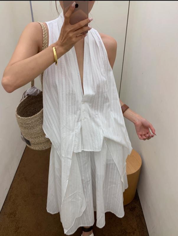 セットアップ レディース 春夏 ノースリーブ トップス パンツ ホワイト 刺繍 綿 95% キュロット 气? 通勤｜イーマイショップ