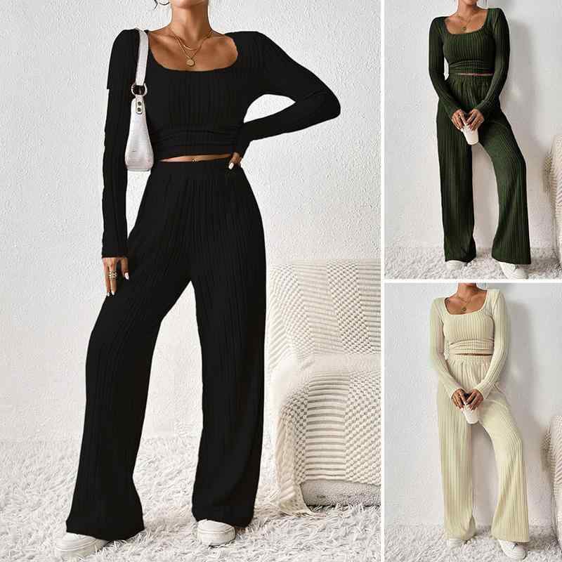 セットアップ レディース ニット テーパードパンツ 長袖 ラウンドネック 無地 ポリエステル 杏色 グリーン S M L XL 知的 普段使い