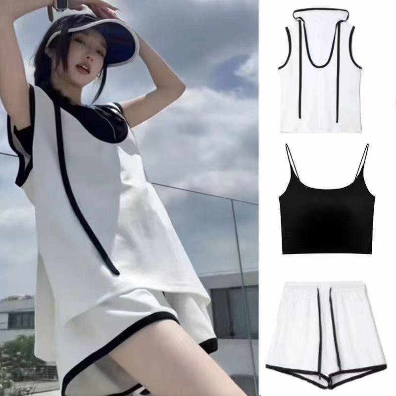 セットアップ レディース 女性用 ノースリーブ タンクトップ ショートパンツ 3点セット ポリエステル 普段使い 部屋着 ルームウェア スポーティー カジュアル 韓国風 ブラック ホワイト