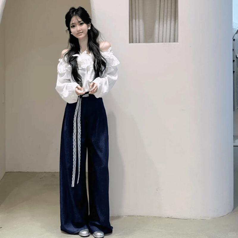 セットアップ レディース 春夏 ブラウス & ワイドパンツ 韓国風 カジュアル リラックス ウェア 部屋着 ルームウェア オフィスカジュアル 白 ホワイト カットソー トップス ボトムス