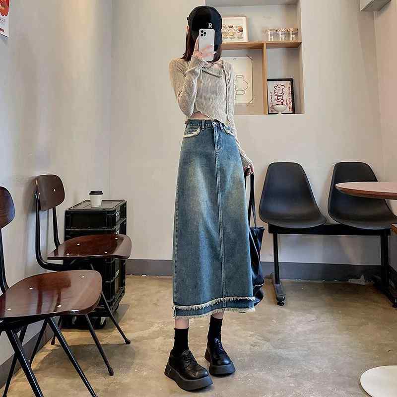 デニムスカート レディース Aライン ミモレ丈 スリット入り 個性的 レトロ タイトスカート 春夏 デニム