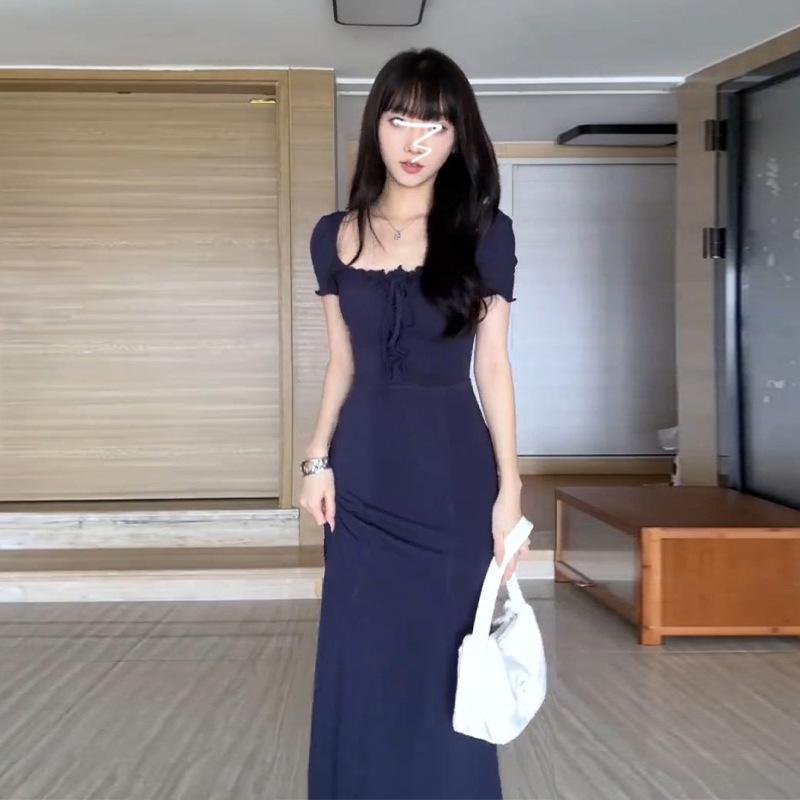 ワンピース レディース Aライン 春夏 高見え チャイナドレス風 スクエアネック 半袖 膝下丈 無地 ネイビー