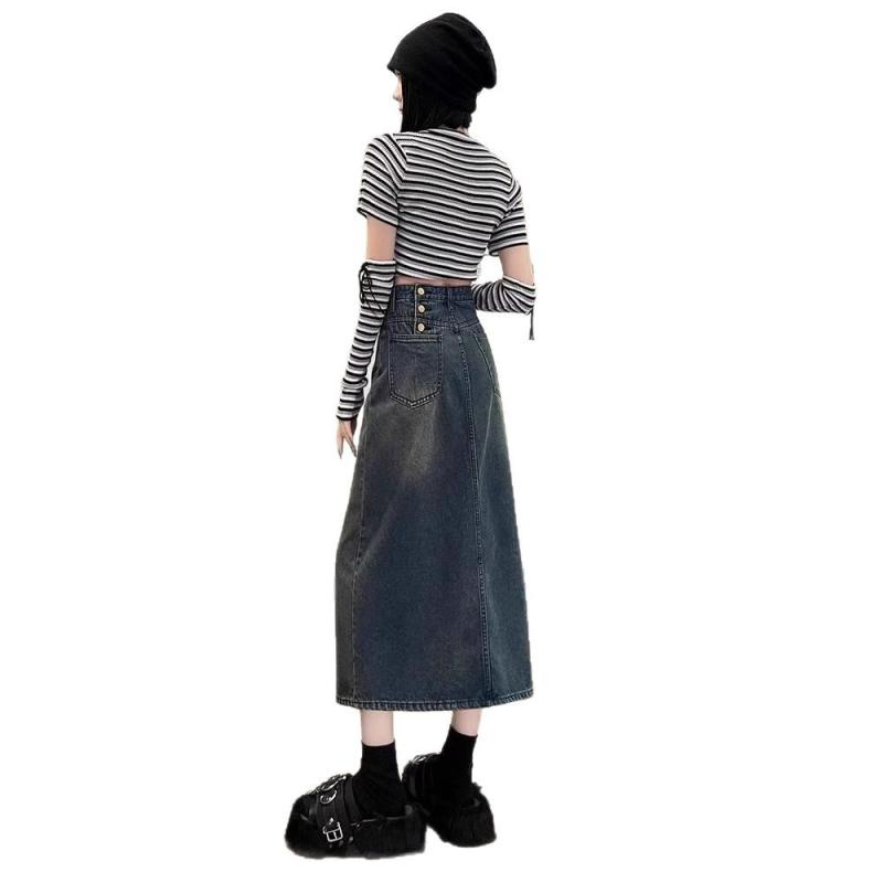 デニム レディース スカート デニムスカート Aライン ミモレ丈 スリット ダメージ加工 ハイウエスト 美脚 着痩せ 婦人服 春夏 カジュアル 韓国ファッション