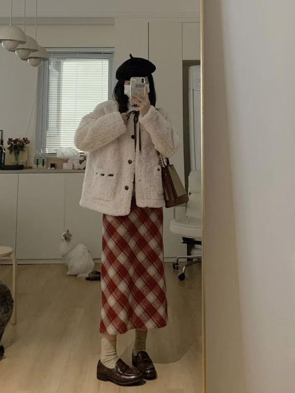 スカート レディース 春秋 ハイウエスト Aライン ミモレ丈 タータンチェック柄 ポリエステル 赤 通勤 きれいめ 上品 かわいい