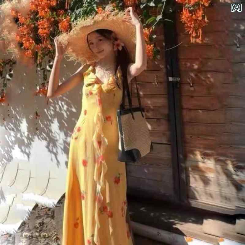 ワンピース 女性用 夏 ドーパミンイエロー ローズレース 吊り紐 プリントフラワーパターン フィッシュテールロングドレス フレンチビーチリゾートスタイル 雪?素材 Vネック ノースリーブ 中腰 Aライン プルオーバー 軽量 通気性 かわいい 黄色 街頭フ