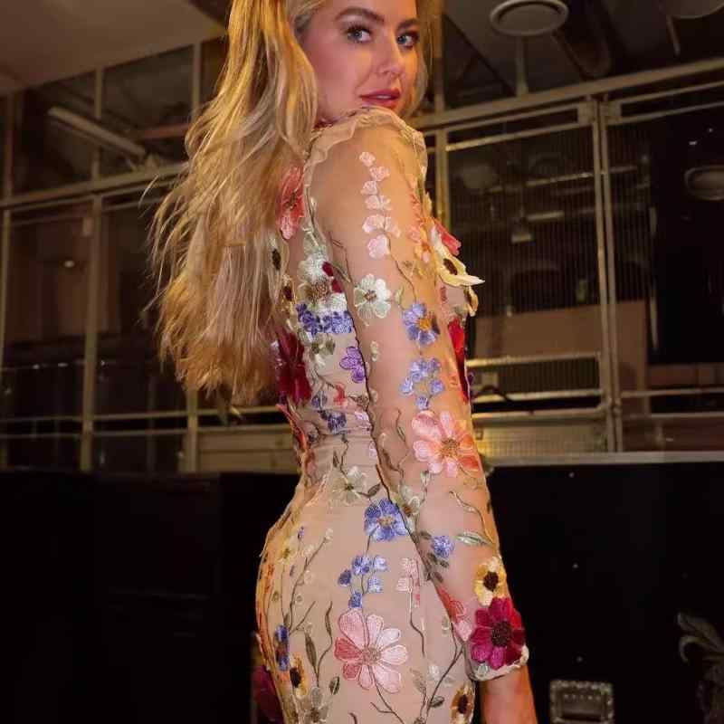 ワンピース レディース 春夏 花柄 刺・墸 長袖 ラウンドネック チュール 膝下 マーメイド Aライン ポリエステル 高見え 通勤 エレガント 上品 きれいめ