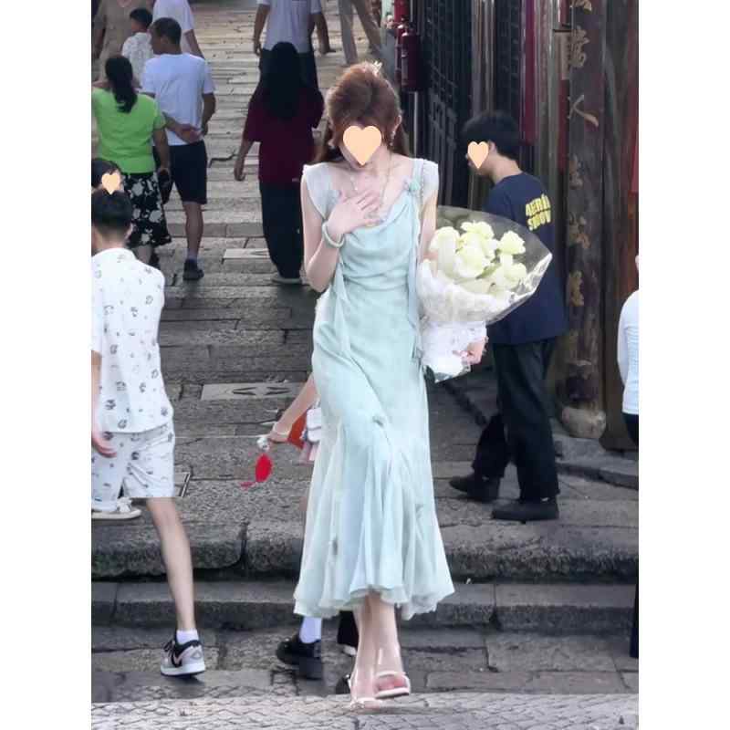 ワンピース レディース 春夏 フローラル ギャザー キャミソールワンピース フィッシュテール ロングワンピース ウエストシェイプ フェミニン きれいめ お洒落 かわいい