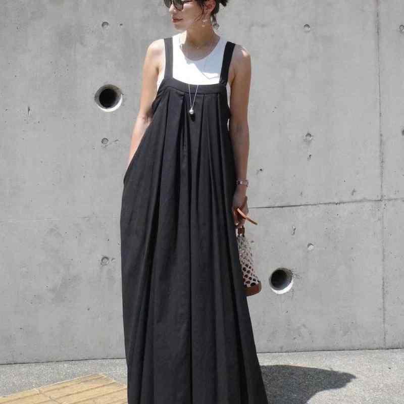 ワンピース レディース 春夏 ノースリーブ Aライン 膝下丈 吊りスカート ゆったり 体型カバー きれいめ 韓国風 ブラック カーキ
