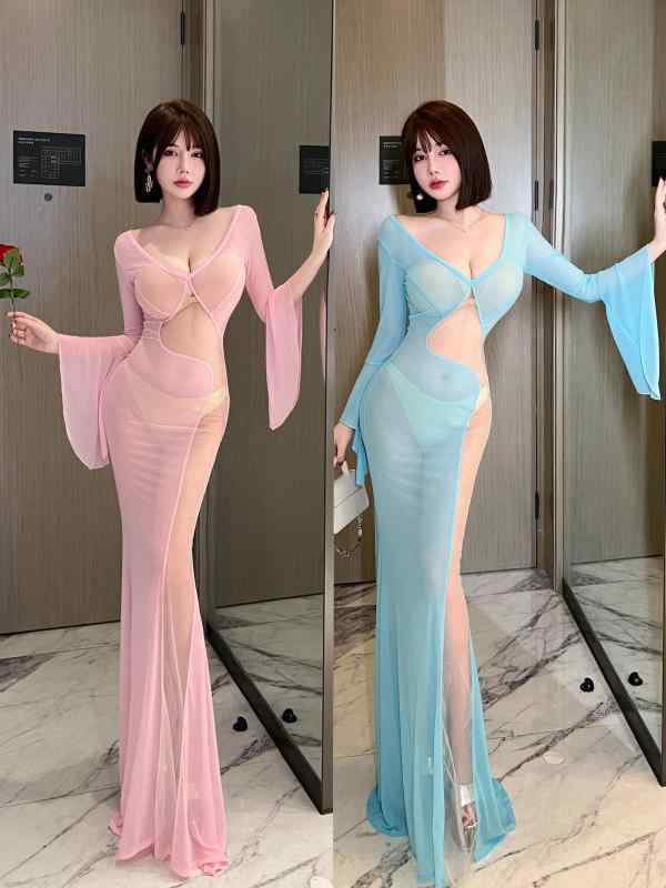 ワンピース レディース セクシー 深Vネック 膝下丈 チュール シースルー パーティードレス イブニングドレス マーメイドライン タイトスカート 黒 白 ピンク 水色 長袖