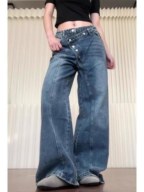 レディース 牛仔パンツ デニム 長ズボン 直筒 ワイドレッグ ハイウエスト 切り替えデザイン 不規則 フロントボタン アシンメトリー 春夏 ミッドウェイト コットン ポリエステル 混紡 ストリートスタイル アメリカン レトロ ヴィンテージ ブルー 洗い加