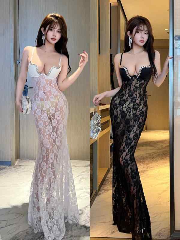 ワンピース レディース Uネック ノースリーブ レース 透け感 パーティードレス ロングドレス キャミソール セクシー ナイトドレス 高見え クラブドレス 高腰 黒 白