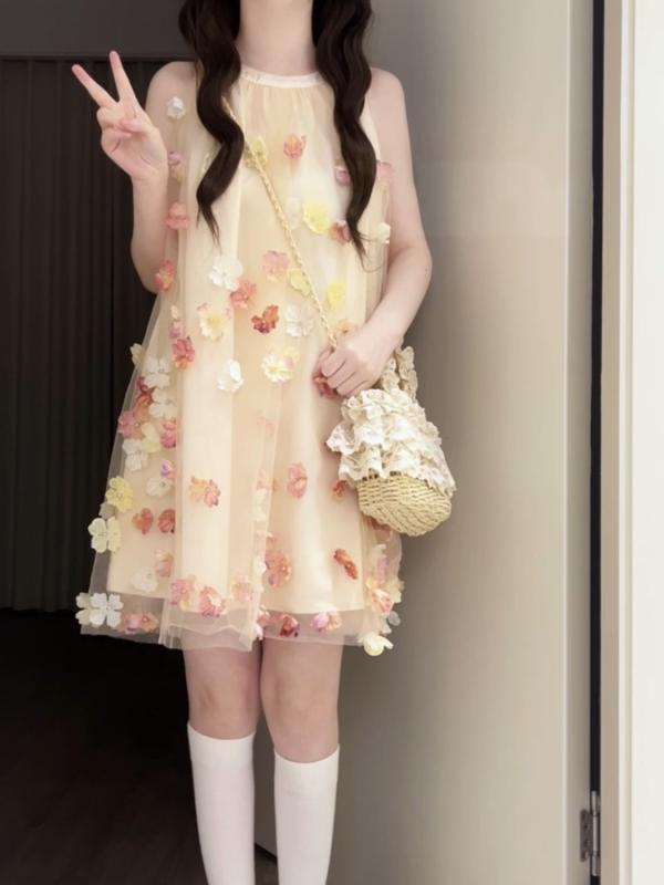 ワンピース レディース 立体花柄 幾何学模様 プリンセススカート チュニック 膝丈 ポリエステル ギャザー Aライン exposure ホルターネック ノースリーブ ミニワンピース ビーチ 旅行 リゾート 普段使い ガーリー フェミニン かわいい