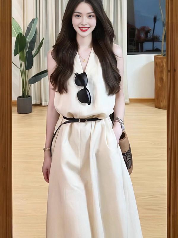 ワンピース レディース ノースリーブ Vネック Aライン ロングワンピース 杏色 リゾートスタイル 切り替え コットン ポリエステル 春夏｜イーマイショップ