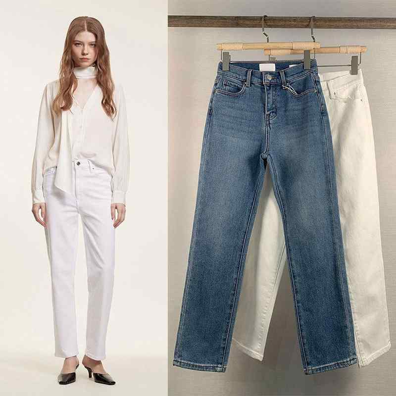ジーンズ レディース ハイウエスト デニムパンツ 直筒 9分丈 ストレッチ 厚手 カジュアル 美脚 脚長効果 ジーパン ズボン 白 春秋冬