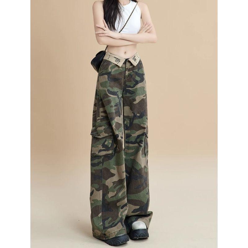 レディース 牛仔パンツ 迷彩柄 工装スタイル 春夏 ハイウエスト ワイドレッグ ロング丈 翻辺 直筒 ゆったり スリム効果 コットン 中厚 ノーストレッチ 免? 快適 普段使い 通勤 アウトドア 日韓カジュアル