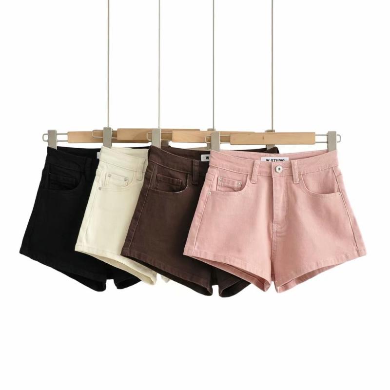 デニム レディース ショートパンツ ローライズ ホットパンツ ストレッチ Aライン ウォッシュ加工 ブラック ピンク系 カーキ ブラウン カジュアル スタイル