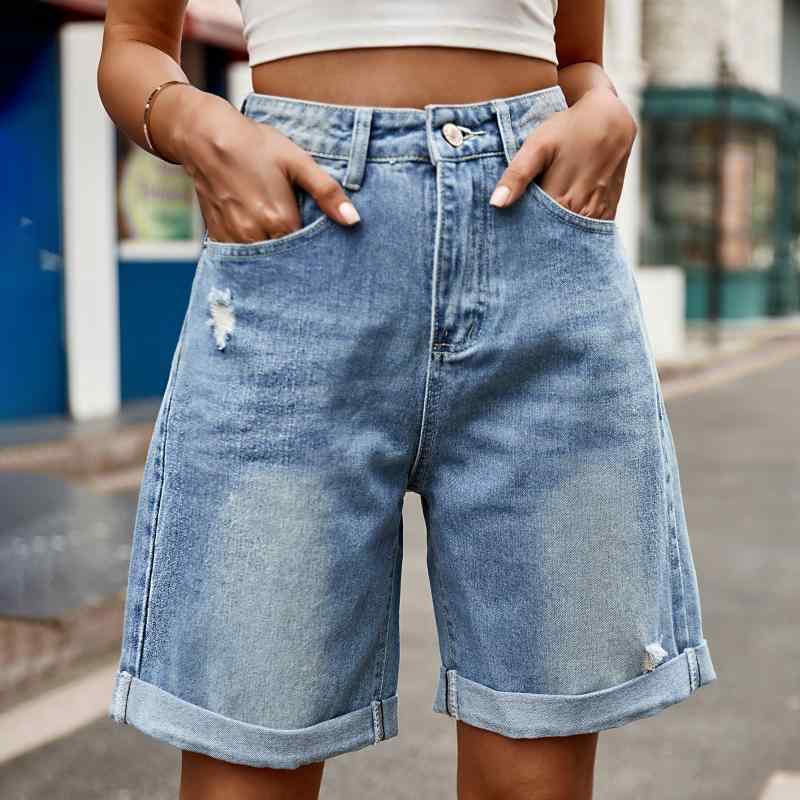 デニム レディース ハーフパンツ 短パン カジュアル ストリート ダメージ加工 ウォッシュ加工 ブルー