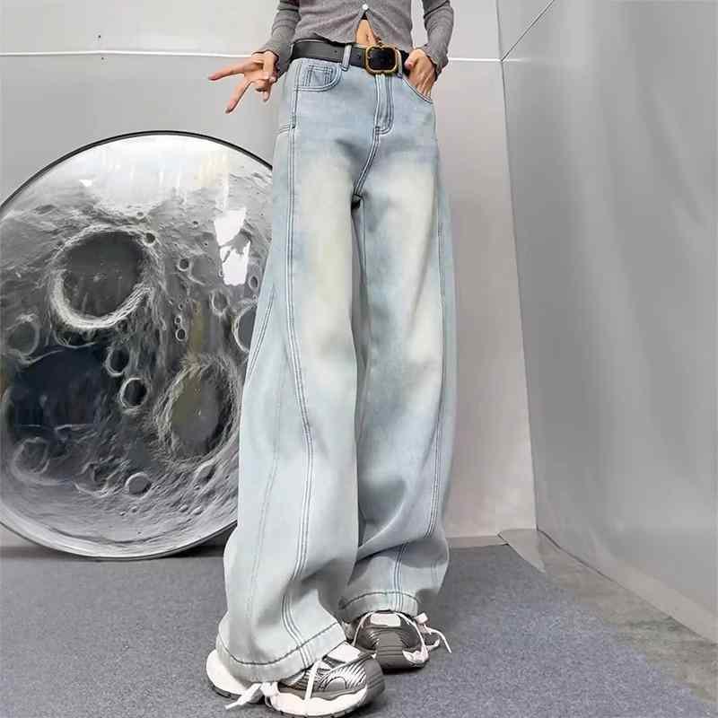 デニムパンツ レディース 春夏 ワイドレッグ ハイウエスト 長ズボン ゆったりシルエット 梨型体型対応 小柄 ビッグサイズ 綿混紡 ポリエステル混 ライトブルー ホワイト ミディアム厚 直筒 ヴィンテージ加工 韓国風 カジュアル 普段使い 伸縮なし ゆっ
