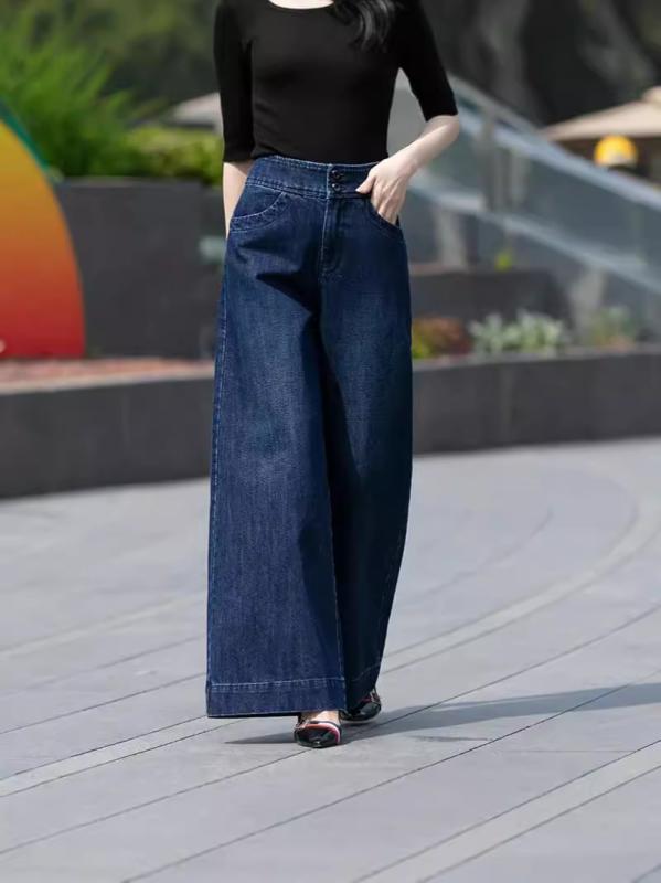 レディース デニムパンツ 高腰 ワイドレッグ ストレート ロングパンツ ショートパンツ ナインブーツカット 綿混 砂洗い加工 軽量 すっきりシルエット 深色 ブラック 春 秋冬 通勤 普段使い カジュアル