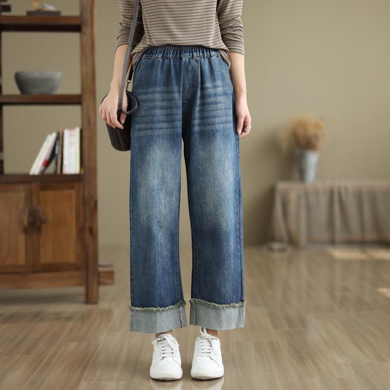 レディース 牛仔パンツ デニム 直筒 九分丈 高腰 ゆったり 切り替え ポケット付き 綿素材 中厚 ブルー ダークグレー 春秋 ヴィンテージ風 中国風 ゆったりシルエット 普段使い 軽量 吸湿速乾 通勤 通学 ラフスタイル ビッグサイズ 対応