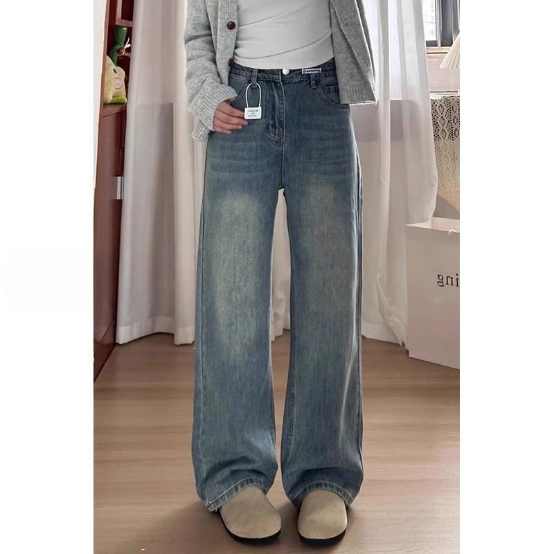 レディース デニムパンツ 秋冬 ワイドレッグ ストレート コットン 高腰 厚手 気質 通勤風 快適 ゆったり 梨型身材対応 大きいサイズ ブルー 切り替え ジッパー ボタン 多ポケット 無弾性 中厚 リラックススタイル