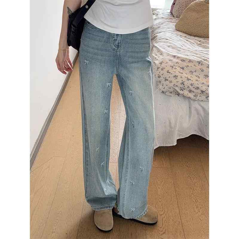 レディース デニムパンツ 春夏 ワイドレッグ ハイウエスト 直筒 梨形対応 ゆったりシルエット 見えスリム 長丈 フロア丈 軽量 ストレッチ コットン混 ライトブルー 洗い加工 ポケット ボタン ジッパー カジュアル 普段使い 通勤 基本デザイン 中厚手