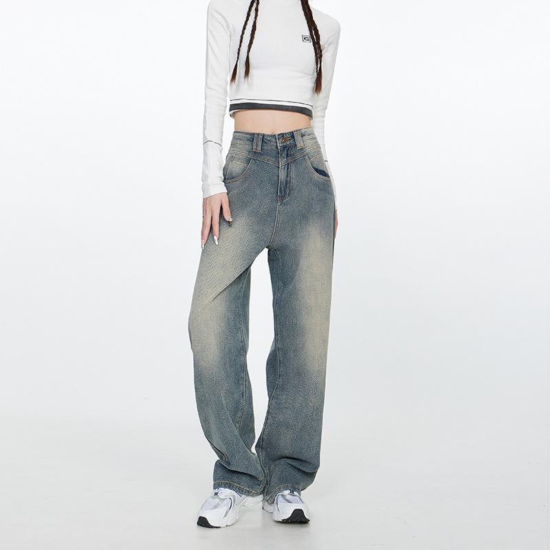 ジーンズ レディース デニムパンツ ハイウエスト ウォッシュ加工 ダメージ加工 ストレート ジーパン ズボン ボトムス カジュアル アメカジ ボーイッシュ ヴィンテージ風 古着風