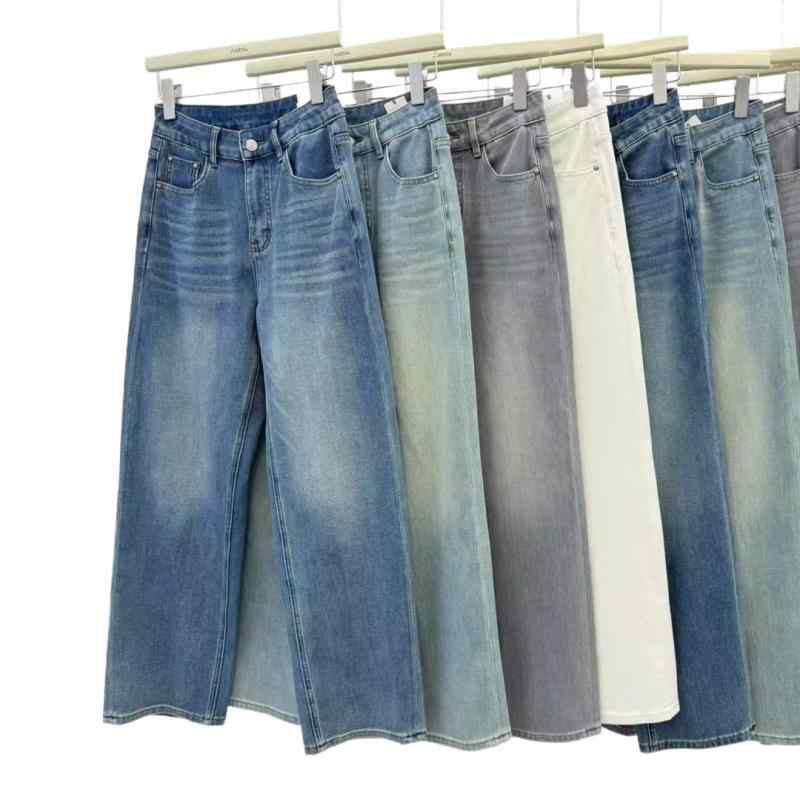 デニム レディース デニムパンツ ジーンズ ストレート ワイドレッグパンツ ゆったり ハイウエスト ロングパンツ コットン ライクラ混紡 ウォッシュ加工 カジュアル スタイル 伸縮性 ブルー系 ベージュ系