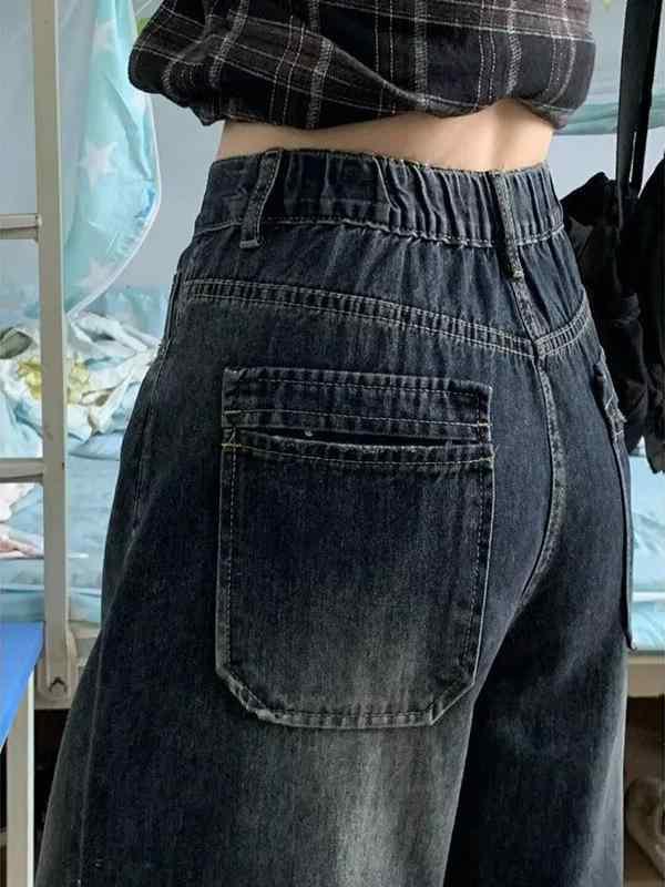 デニムパンツ レディース 秋冬 直筒 ハイウエスト ワイドレッグ 深藍色 牛仔布 綿素材 ゆったり ロング丈 シンプル 快適 普段使い スリム効果 ボタン 切り替えデザイン 無弾性 日常スタイル