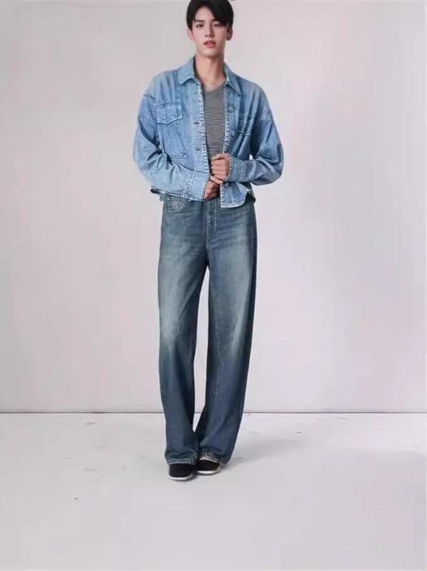 レディース 牛仔パンツ デニム ミッドライズ ワイドレッグ ロング丈 ドラッグ ストレート ゆったり ビッグサイズ 洗い加工 ヴィンテージ ストリート ファッション 深青 ライトブルー 秋冬 日常使い 伸縮性 軽量 厚手 ジッパー クロージャー トレンド