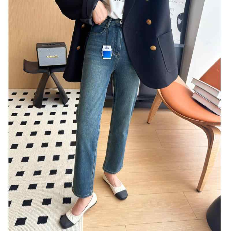 デニム レディース ジーンズ パンツ 高見え スキニー スリム ストレート 美脚 脚長 ハイウエスト 9分丈 ミディアムブルー ヴィンテージブルー ダークブルー ブラック