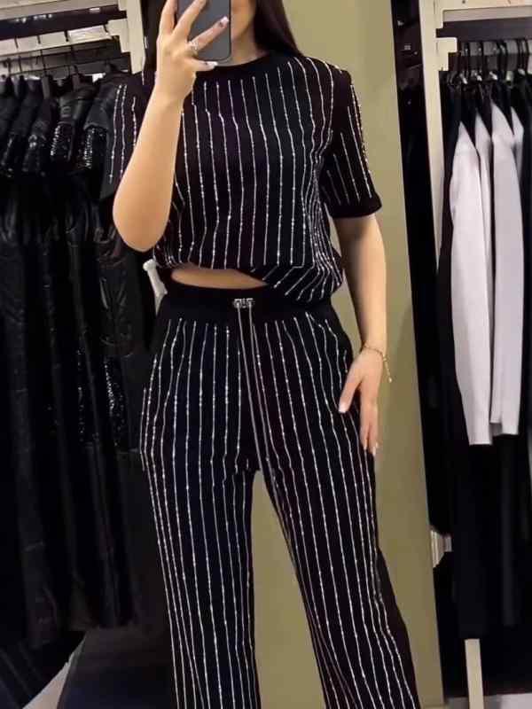 レディース 夏 セットアップ ニット トップス ブラウス ロングパンツ セット 通勤 スタイル 接触冷感 伸縮性 軽量 ポリエステル 混紡 ブラック ストライプ パターン メタル 装飾 スリークォーター スリーブ ルーズ フィット スリム ライン 快適