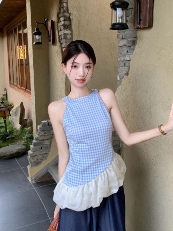 キャミソール レディース 春夏 トップス ノースリーブ ブルー 格子柄 切り替え デザイン 修身 伸縮性 普段使い かわいい 部屋着