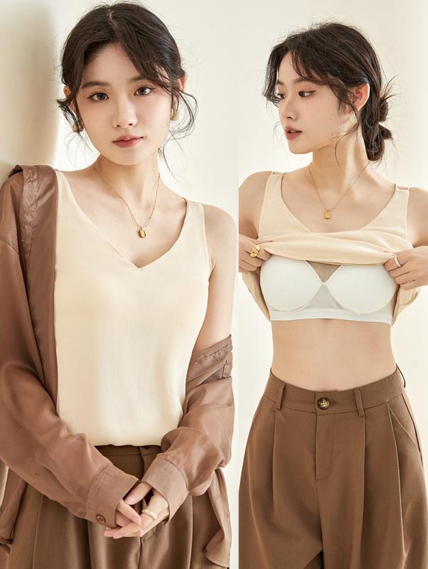 シャツ レディース 春夏 キャミソール 胸パッド付き トップス ポリエステル 接触冷感 ノースリーブ 韓国風 ショート丈 白 黒 ベージュ グリーン S M L XL