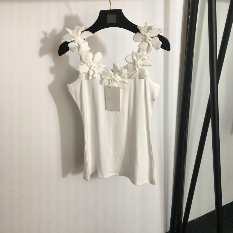 タンクトップ レディース 花柄 立体装飾 ノースリーブ トップス カットソー スリム 綿 白 黒 春夏
