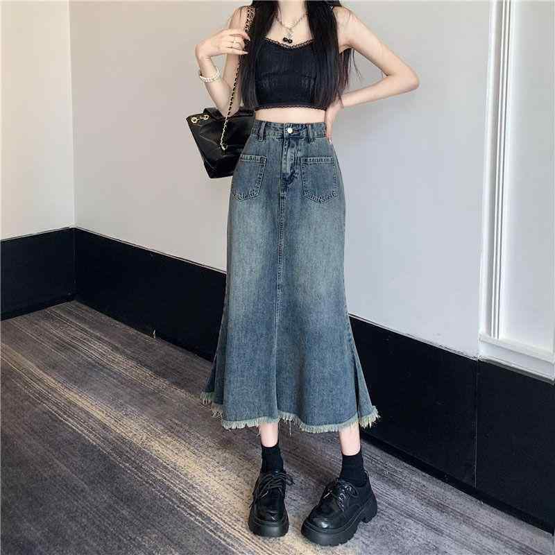 スカート レディース 半身スカート Aライン 中長丈 牛仔 デニム素材 ハイウエスト 切り替えデザイン フィッシュテール風 森ガール 甘め スタイル 復古ブルー 普段使い 軽量 通勤 カジュアル 春夏