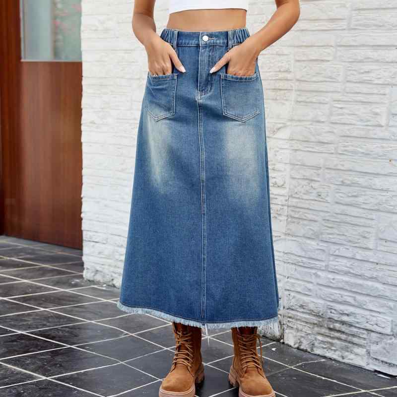 スカート レディース デニムスカート ひざ丈 ミモレ丈 春夏 ウォッシュ加工 フリンジ加工 ブルー S M L XL XXL 普段使い 街頭風