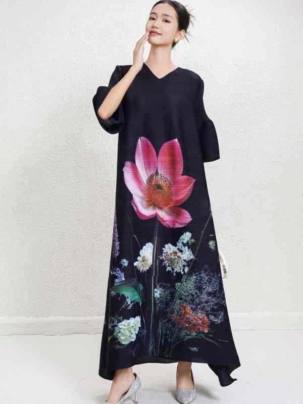 ワンピース レディース 春夏 Vネック ラッパースリーブ フレアスカート ビッグサイズ ゆったり スリム効果 ヴィンテージ 花柄 プリント ポリエステル 黒 ピンク ワインレッド 快適 ゆったり腰 プリーツ ロング丈 花卉柄