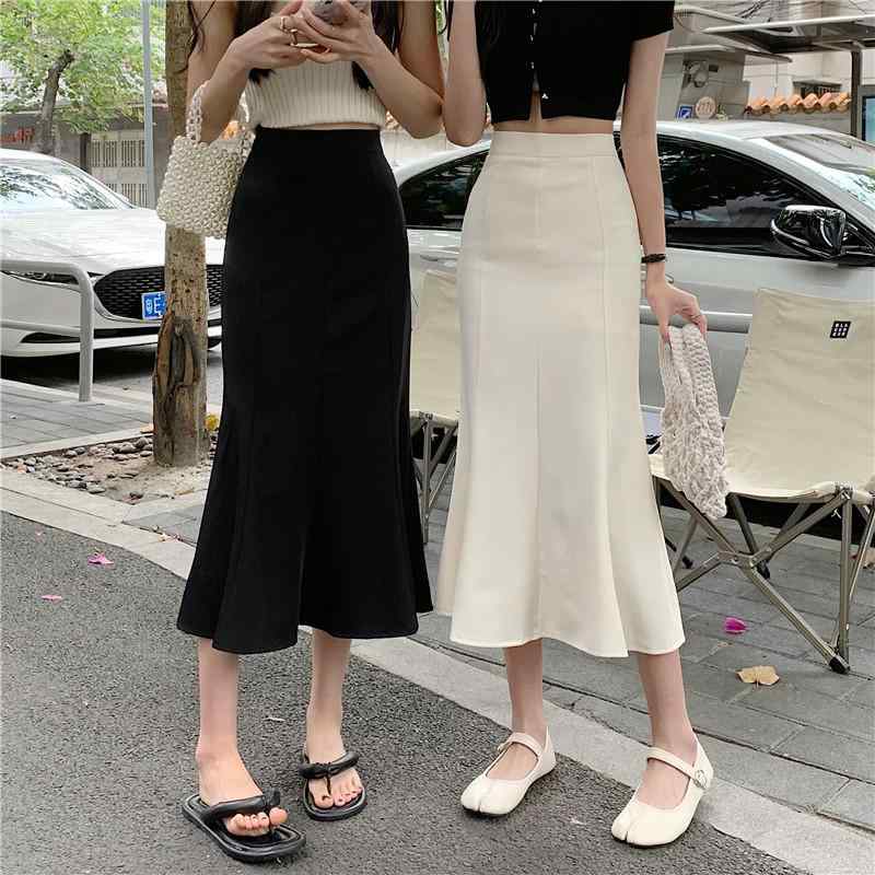 スカート レディース 高身長 小柄 女性用 マーメイドスカート ロングスカート ハイウエスト 着痩せ効果 フリル 切り替えデザイン ミモレ丈 黒 ブラック ベージュ系 68cm 74cm XS S M L