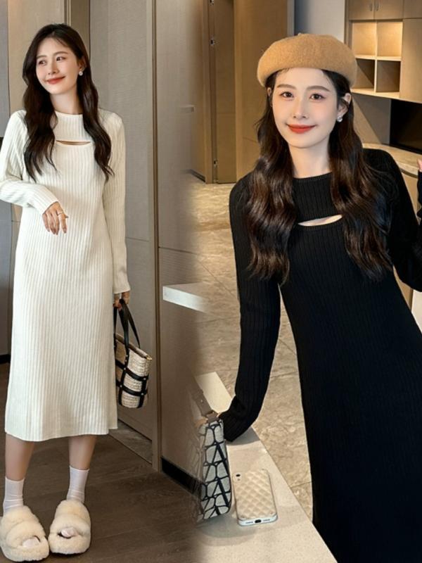 ワンピース 女性用 春夏 フレンチスタイル 気質 ゆったり スリム インナー ミドル丈 Aライン スカート 切り替え デザイン 丸首 長袖 高腰 透け感 ポリエステル ブラック 杏色 ピュアカラー セットアップ 基本款 クリーン スイート フレッシュ ス
