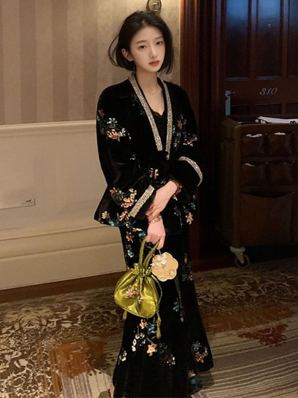 ワンピース レディース 春夏 新中式 デザイン 繁花 ベルベット ロング丈 マーメイドスカート セットアップ ポリエステル 中国風 文芸復古 亮片 ブラック