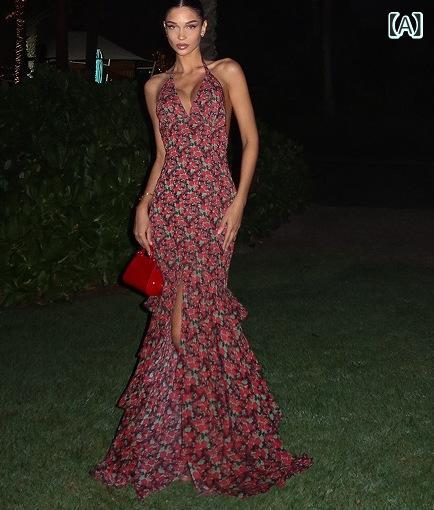 ワンピース レディース 春夏 Vネック ノースリーブ 花柄 高見え ティアード ロングワンピース elegantes かわいい おしゃれ リゾート 普段使い