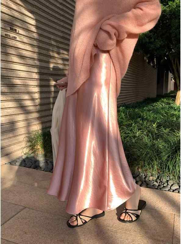 半身スカート レディース 包み尻 フィッシュテール ロング丈 女性用 ポリエステル 再生繊維 光沢サテン 伸縮ウエスト スリムライン ミッド丈 気質 通勤スタイル 杏色 ブラック ピーチピンク ブラウン ライトピンク ライトブルー グレー
