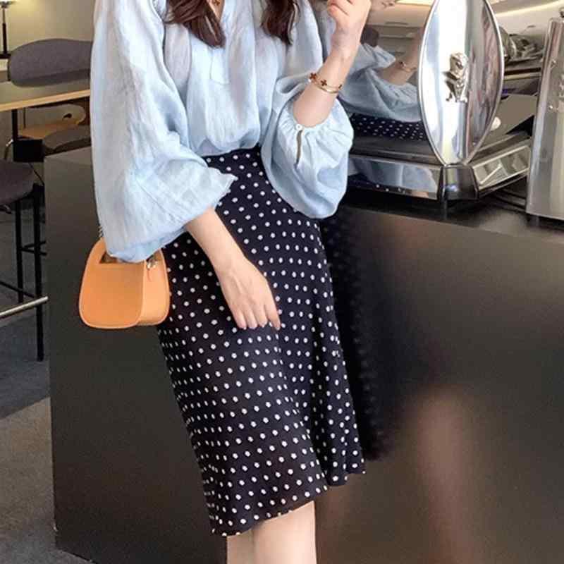 夏用 女性用 Aライン ロング 半身スカート 桑蚕? 接触冷感 ミディ丈 魚尾 切り替え ポルカドット 赤 ネイビー マイクロストレッチ 復古 港風 私服 軽量 通勤 普段使い かわいい シルエット