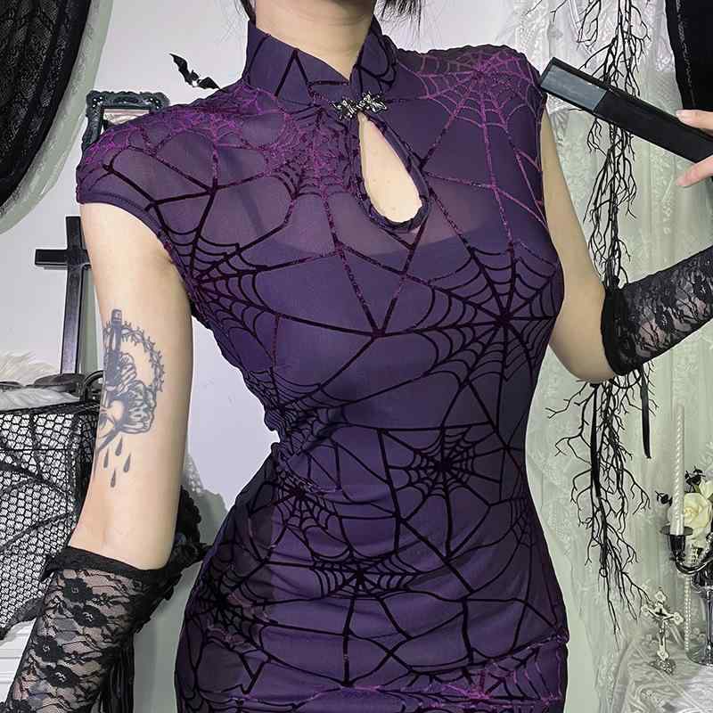 チャイナドレス レディース パープル 蜘蛛柄 Vネック ノースリーブ ロング 高見え 包臀 イベント クラブ 暗黒風